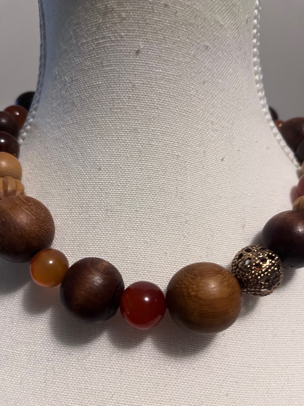 Beaded Wood and Carnelian Necklace - Brown & Red